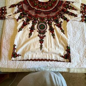Cute vintage blouse/shirt - white and multi-color design made in Jamaica